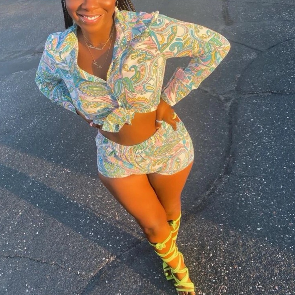 SHEIN SXY Paisley Print Button Front Shirt & Shorts